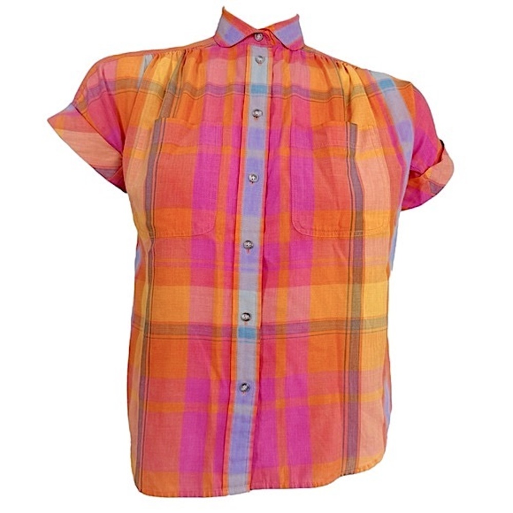 VINTAGE 80’s Bright Madrid Plaid Cotton Short Sleeve Button Up Blouse